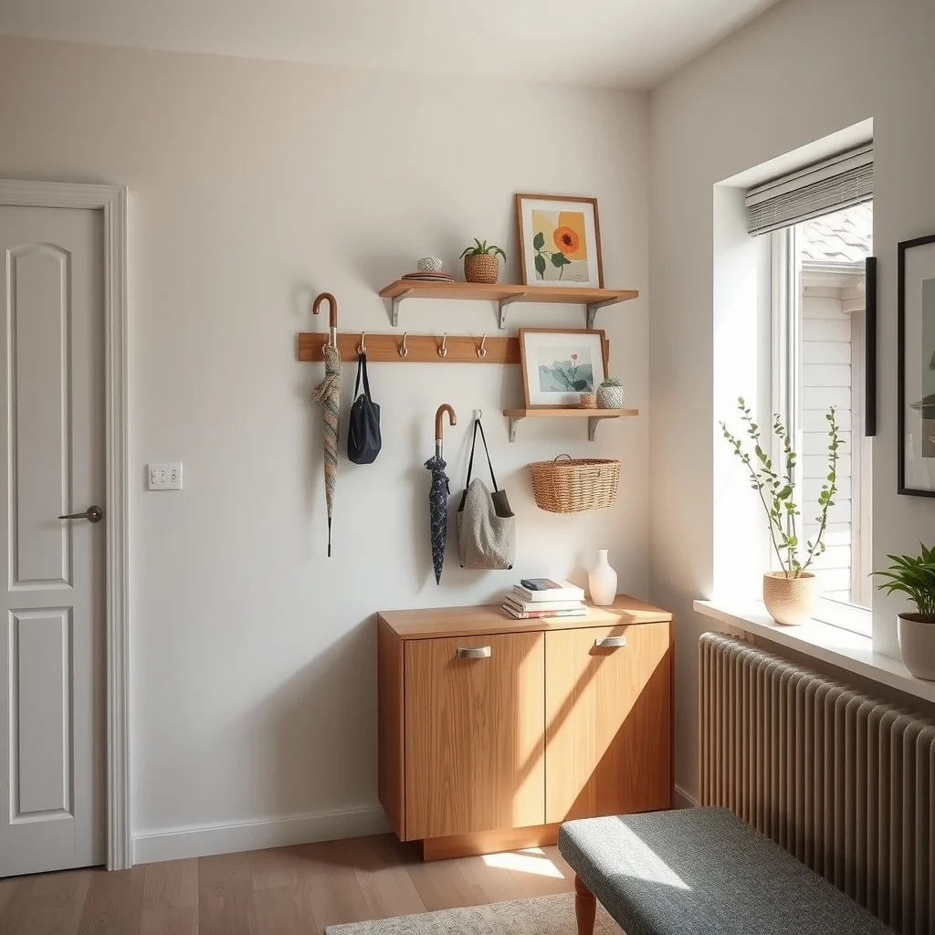 A narrow floor to ceiling wooden cabinet with brushed nickel handles flanked by three slim floating wall shelves holding sleek umbrellas coat hooks and woven baskets soft natural light streams from a nearby window