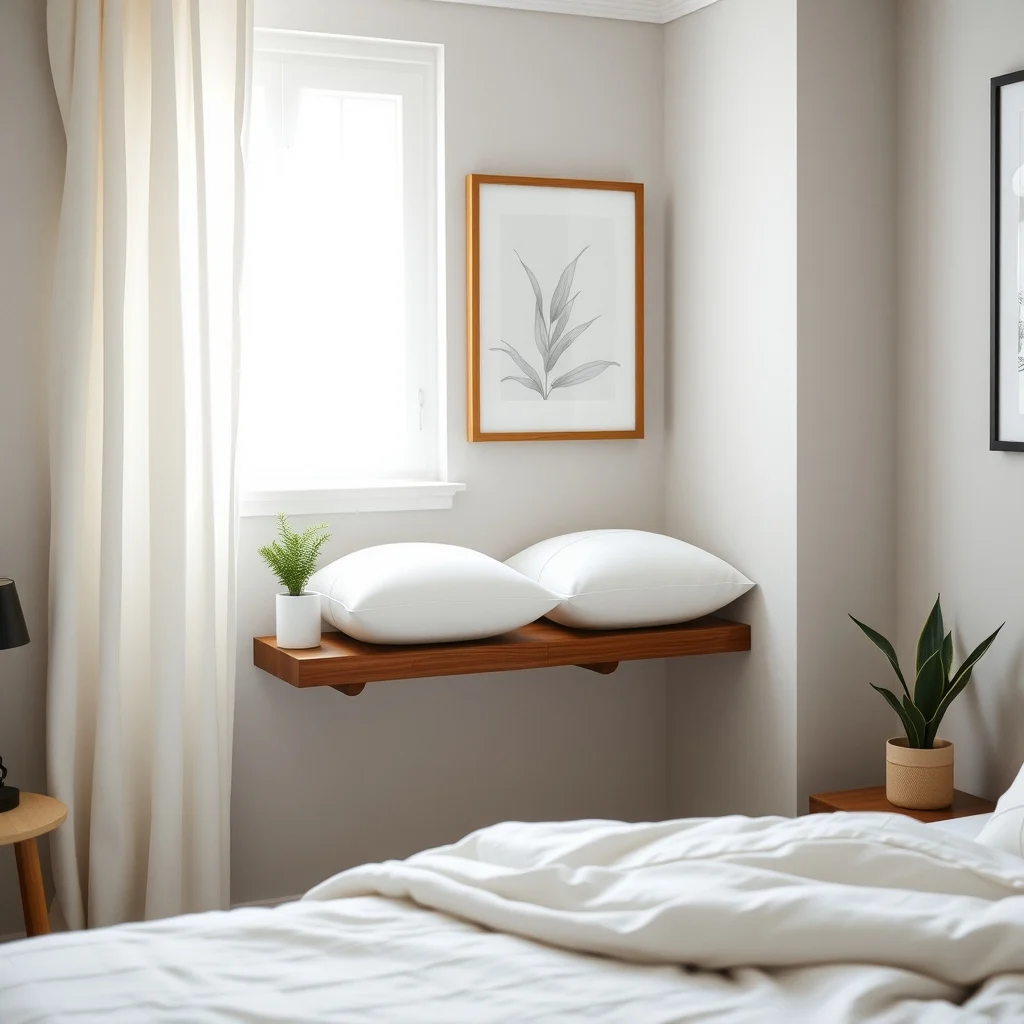 A narrow recessed alcove beside the bed painted soft dove gray holds a low profile walnut shelf with two neatly stacked white pillows warm morning light streams through a sheer curtain emphasizing clean lines