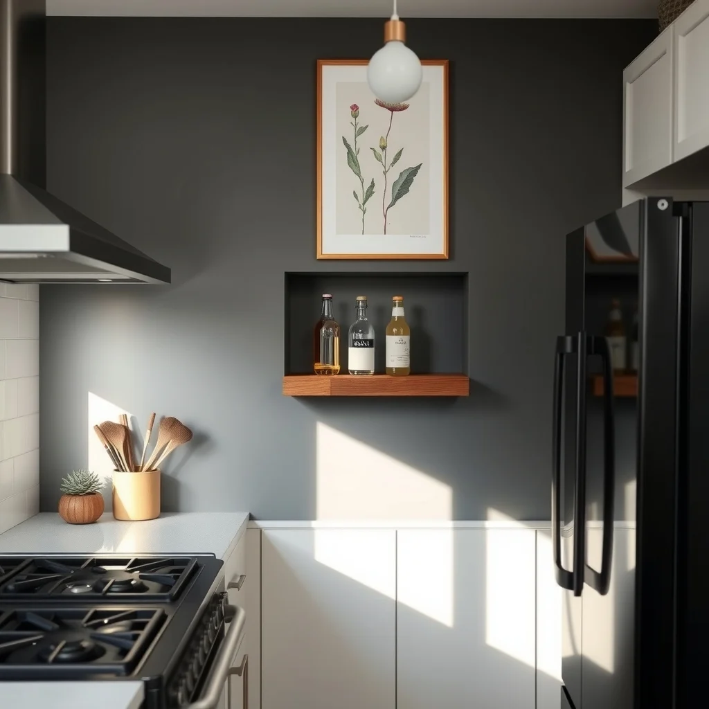 A narrow recessed wall niche between stove and fridge painted matte charcoal holds a slim reclaimed wood floating shelf displaying three pastel water bottles soft pendant light casts warm shadows abstract botanical print above
