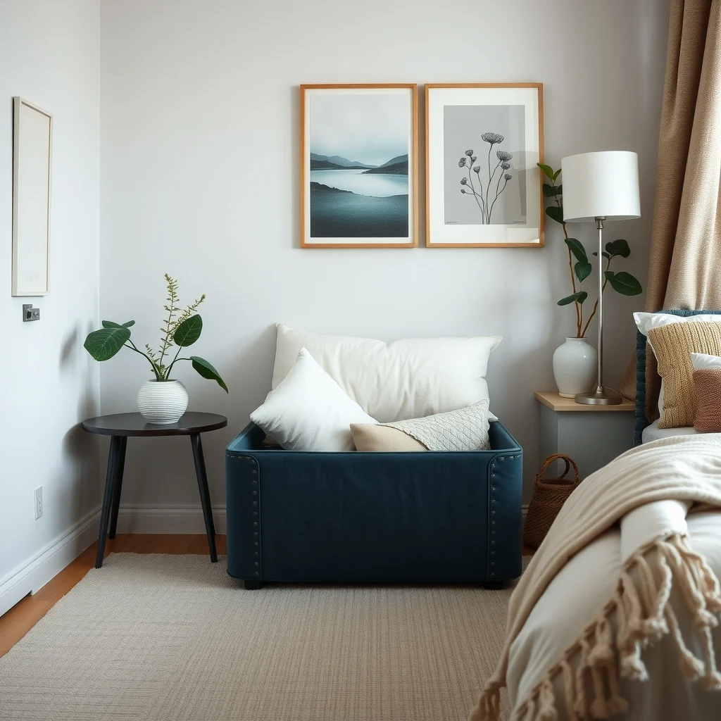 A plush charcoal blue storage ott