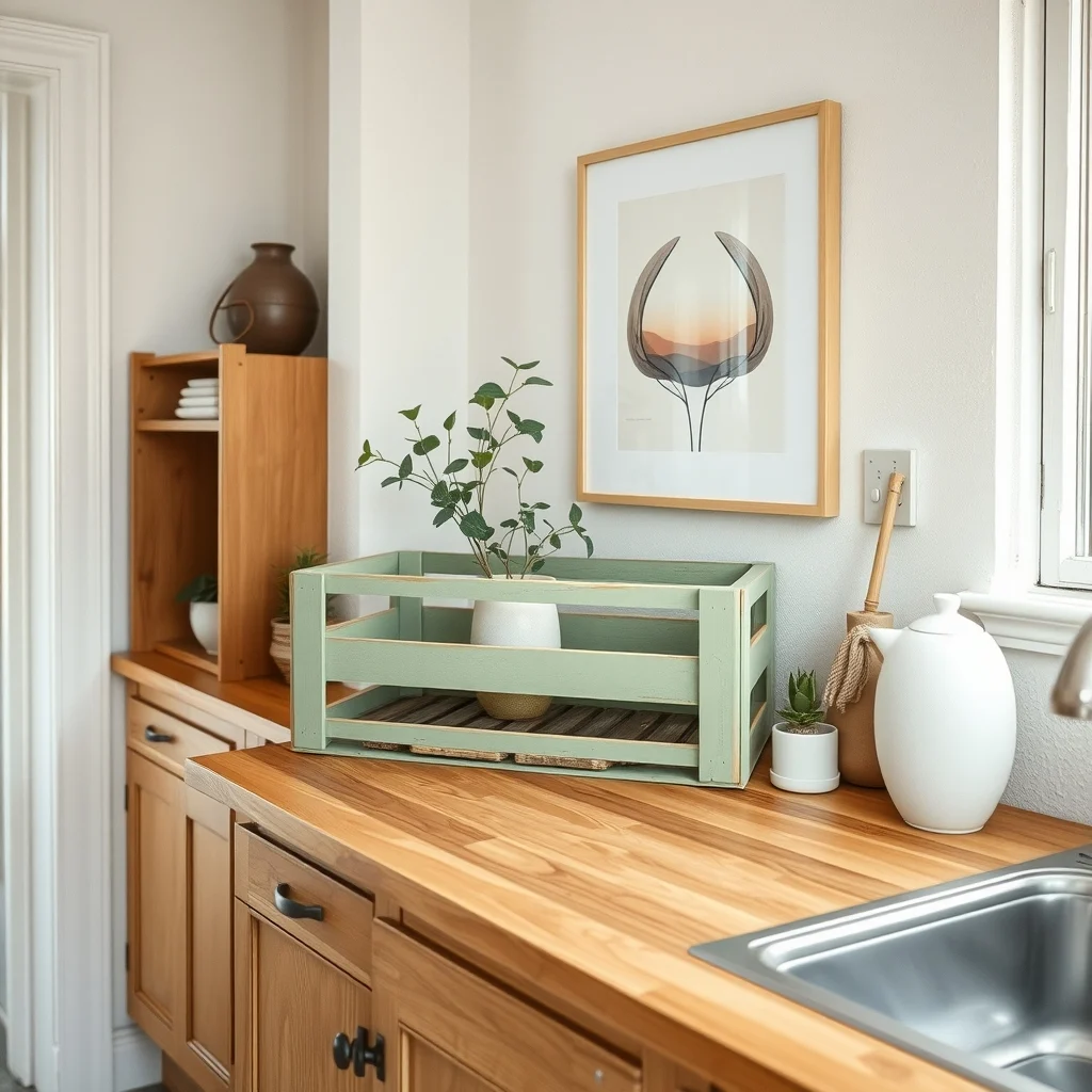 A repurposed vintage milk crate painted sage placed on a rustic oak countertop open lattice cradles