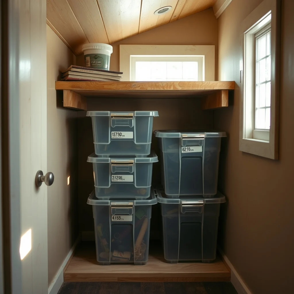 A rugged attic storage nook featuring clear polycarbonate bins with weather proof aluminum tags cool diffused daylight from a small window emphasizes the tags resistance to humidity heat and fading
