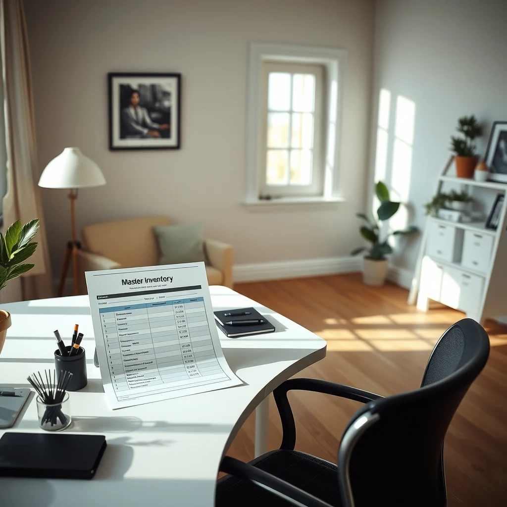 A sleek home office desk displaying a printed master inventory sheet beside a