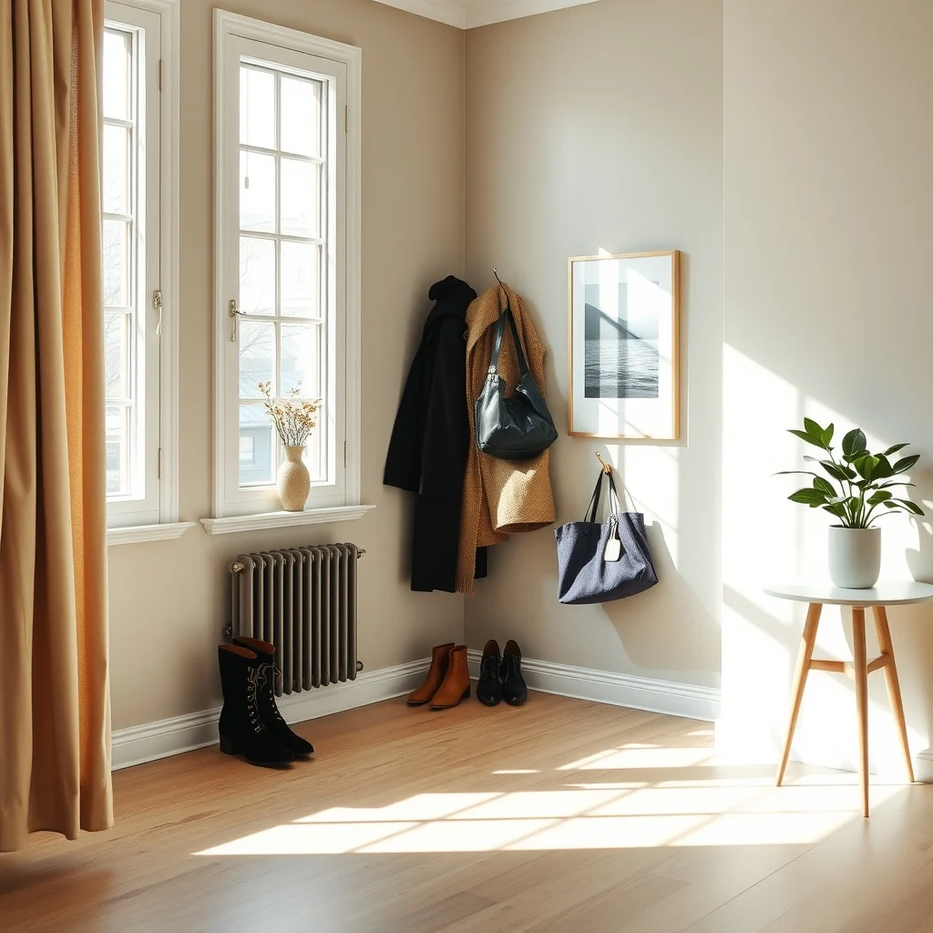 A sun lit apartment corner floor to ceiling windows casting soft daylight onto a sleek brass hook wall light wood floor muted pastel walls the space feels airy highlighting winter coats and bags