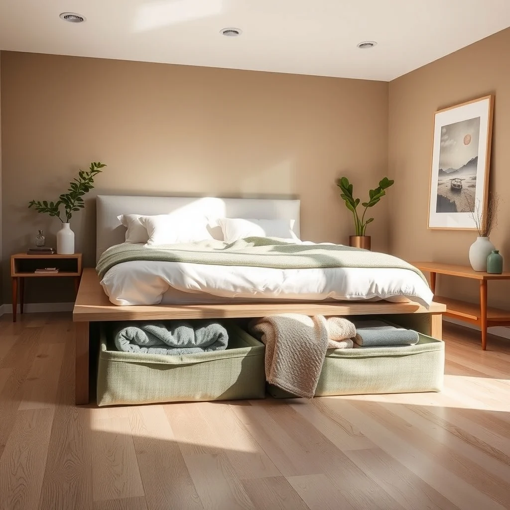 A sun lit minimalist bedroom shows sleek low friction rollers beneath a platform bed muted sage fabric bins slide out holding folded blankets their soft texture contrasting warm greige walls and light wood flooring