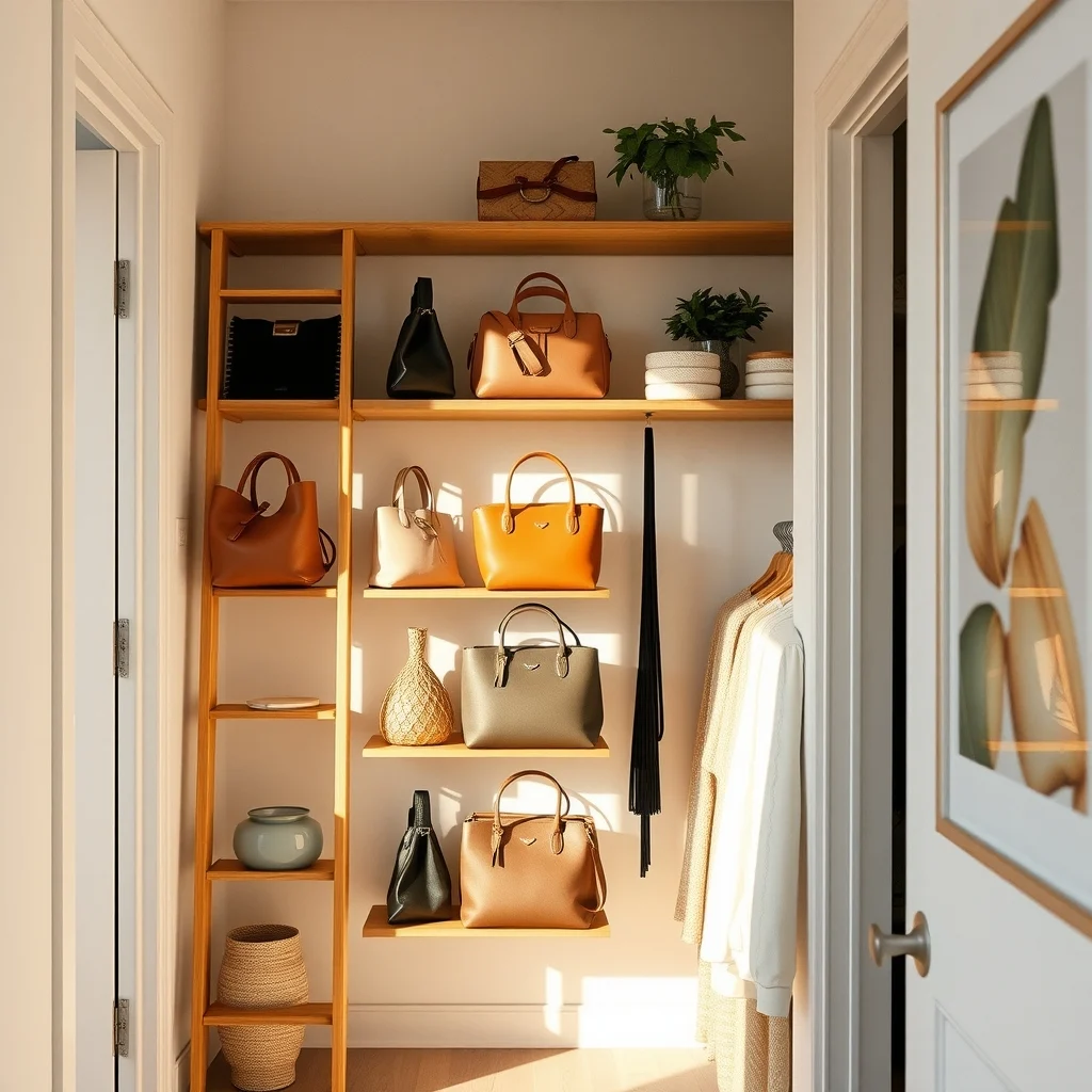 A sunlit small closet soft oak ladder shelf spanning the full height three narrow wooden tiers holding assorted handbags warm natural light streams from the door minimalist Scandinavian style clean vertical composition