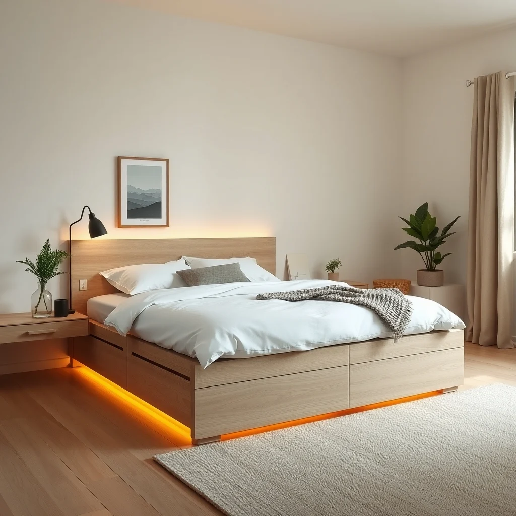 A wide angle view of a serene bedroom with low profile soft close drawers tucked a few inches above the floor finished in matte white oak illuminated by warm ambient lighting and a subtle shadow line