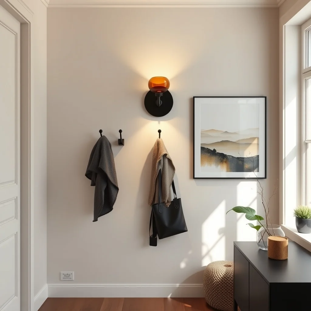 An amber glass wall sconce casts a golden pool over matte black coat hooks the soft glow outlines the organized zone while a subtle shadowed hallway floor adds depth