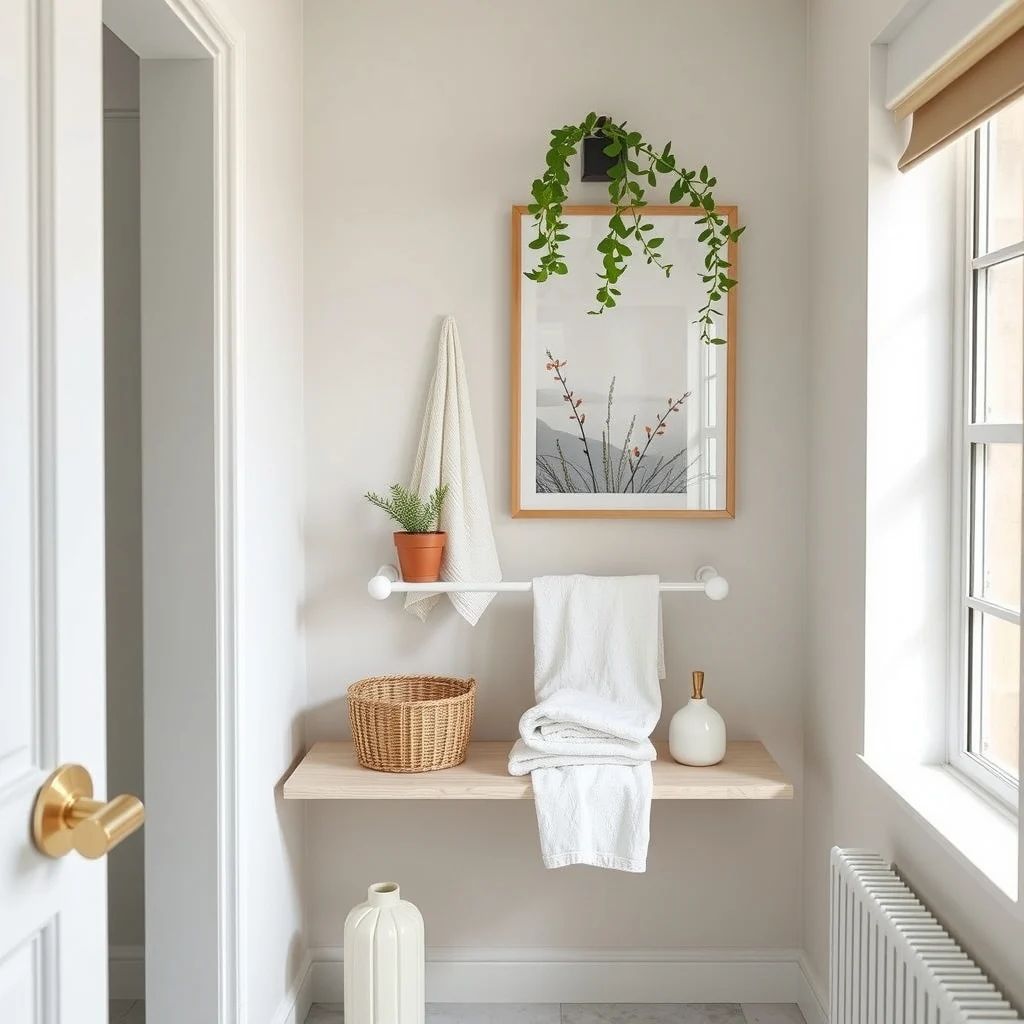 Bathroom Organization for Shared Apartments With Limited Space interior: 7. Use a Dual‑Purpose Towel Bar with Built‑In Shelf - Traditional towel bars occupy wall space without offering additional storage. A dual‑purpose bar that incorporates a shallow shelf beneath the hanging rod provides a place to lay out freshly laundered towels, store a small basket
