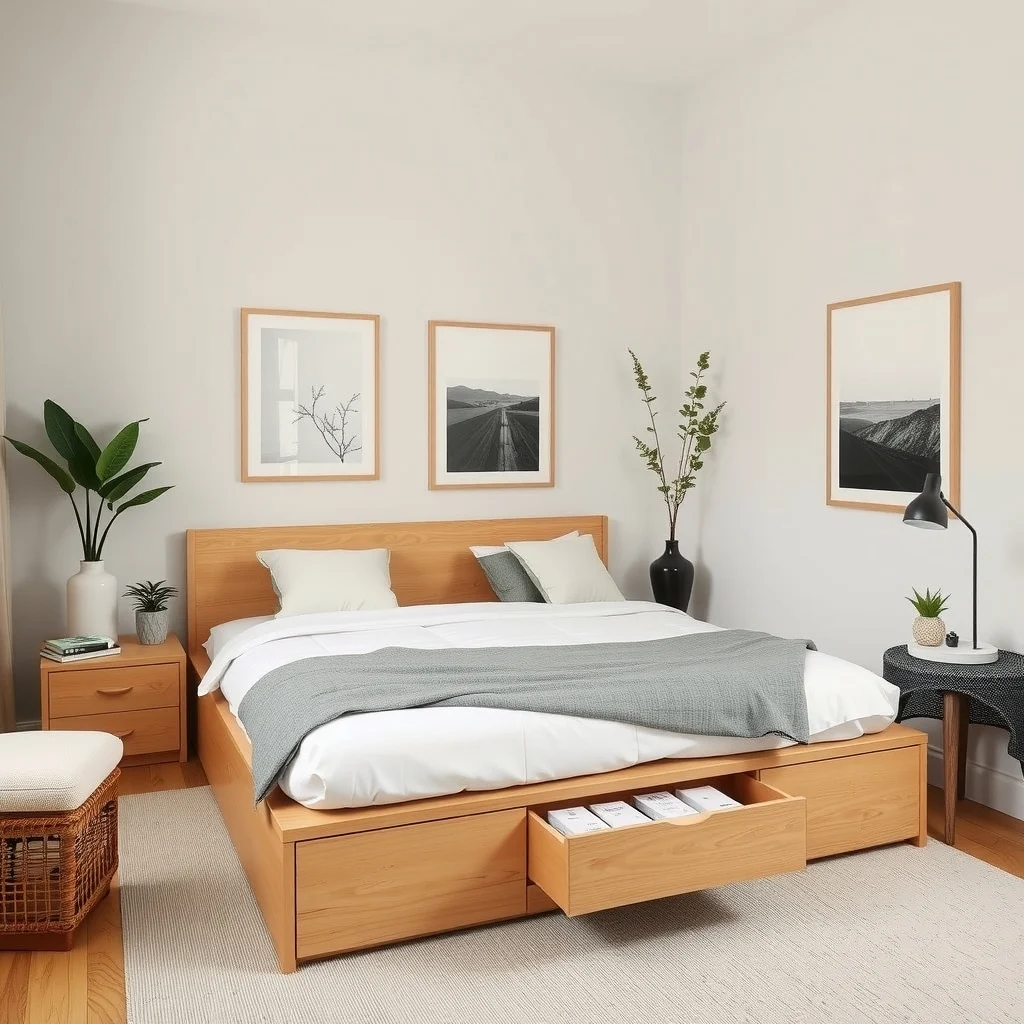 Bedroom Organization Ideas for Apartments With Limited Storage: 2. Choose a Bed Frame with Integrated Drawers - A traditional platform bed can dominate a small room, but a frame that incorporates shallow drawers transforms the sleeping surface into hidden storage. The drawers sit flush with the mattress, preserving the sleek while
