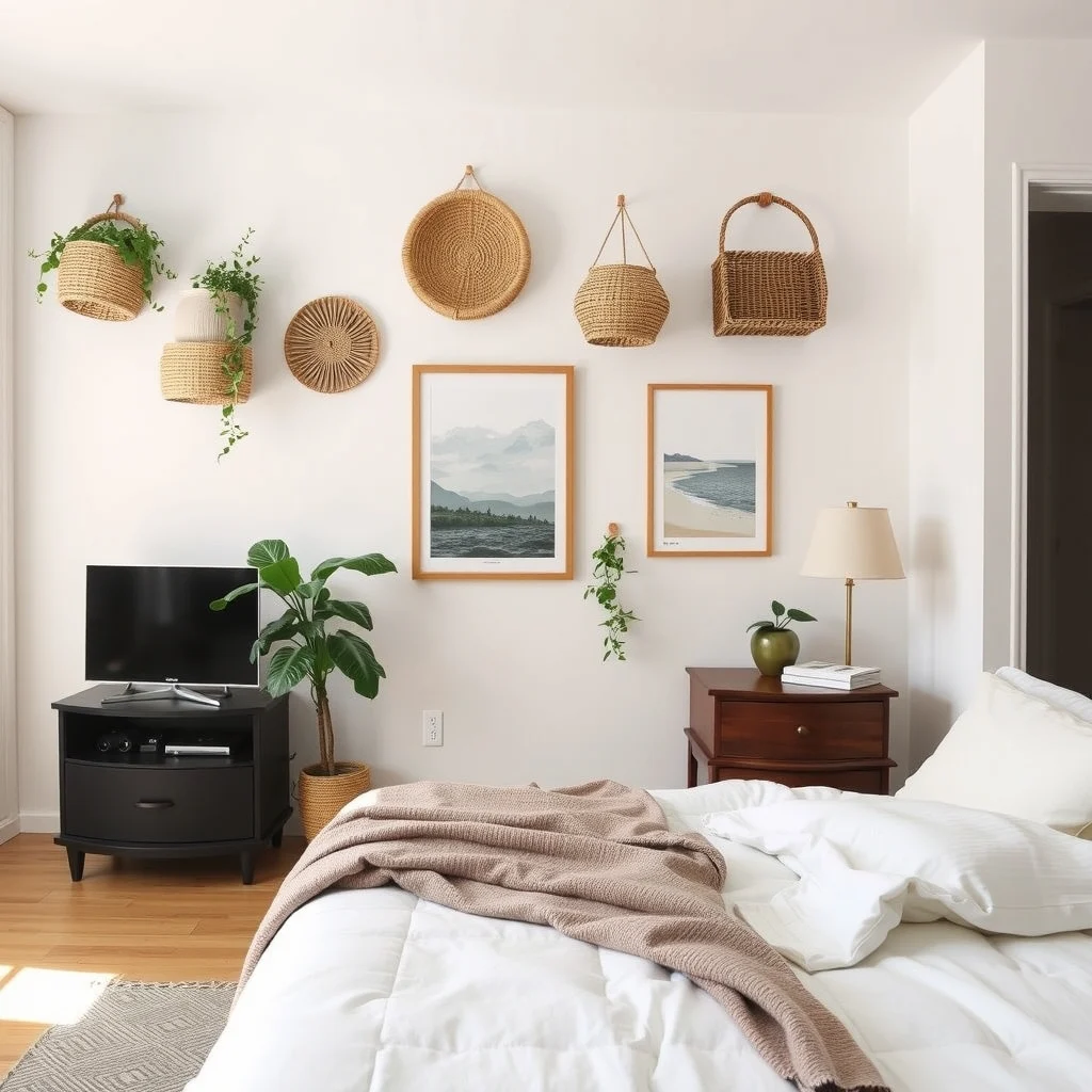 Bedroom Organization Ideas for Apartments With Limited Storage: 4. Hang Open Baskets and Fabric Bins on the Wall - Soft, woven baskets or fabric bins create visual interest while keeping clutter off the floor. By mounting them at varying heights, you can store items you need regularly—like a daily‑use scarf, a pair of shoes,