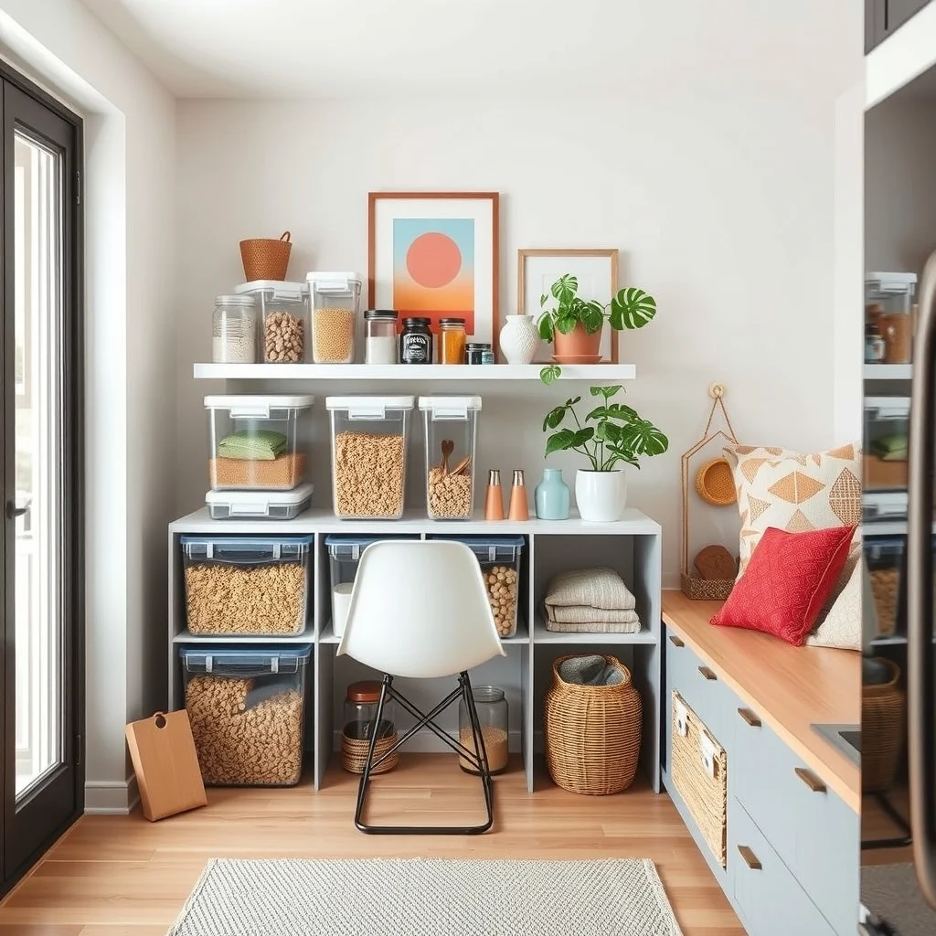 Best Ways to Organize Food in a Tiny Apartment Kitchen interior: 2. Use Clear, Stackable Containers for Dry Goods - Clear, rectangular containers that nest inside each other create a uniform look while letting you see exactly what’s inside without opening lids. When you line up cereal, lentils, and flour in a single column, the
