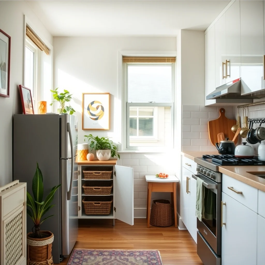 Best Ways to Organize Food in a Tiny Apartment Kitchen interior: 3. Install a Pull‑Out Pantry Between Appliances - Many tiny kitchens have a narrow gap between the refrigerator and a wall or between the stove and a cabinet. A custom pull‑out pantry, fitted with shallow drawers or sliding baskets, turns that dead space