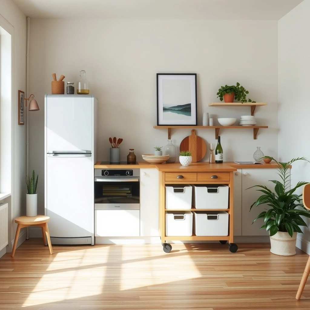 Best Ways to Organize Food in a Tiny Apartment Kitchen interior: 4. Repurpose a Kitchen Island on Wheels - A compact island on casters can serve as a prep surface by day and a mobile storage hub by night. Choose a sturdy base of oak or painted pine, then add a series of shallow