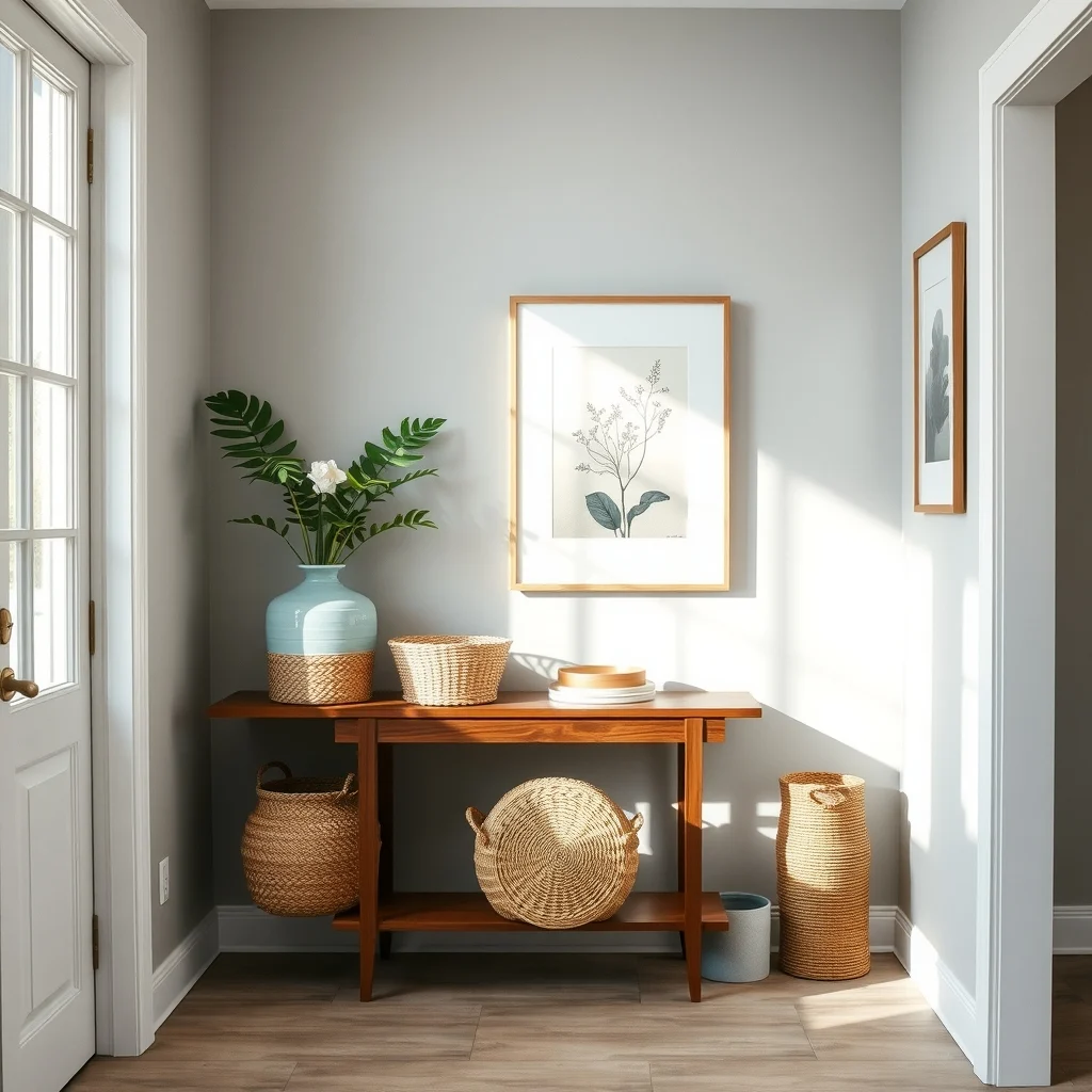 Boho chic entry narrow walnut console three seagrass baskets in natural tones turquoise ceramic vase soft daylight from nearby window light gray walls with subtle botanical print top down vignette