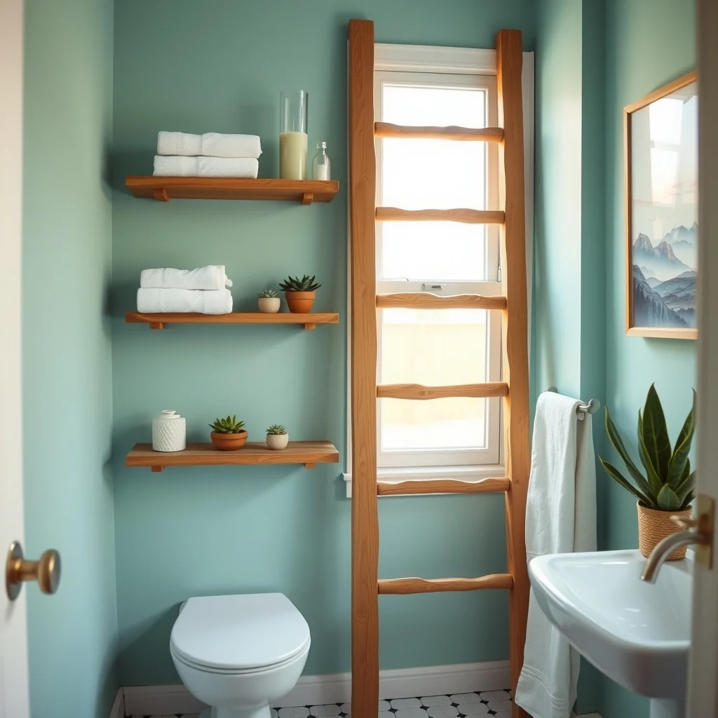 Boho chic small bathroom pastel teal walls reclaimed pine ladder shelf leaning against tile three shallow shelves with folded white towels ceramic jar small succulents warm ambient light