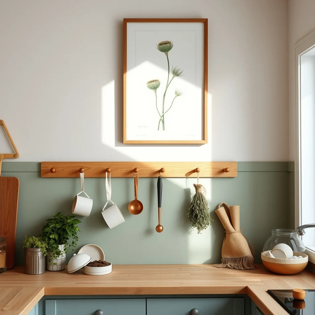Boho inspired kitchen wall with muted sage pegboard painted matte finish wooden hooks holding copper ladle pastel measuring cups dried herb bundles natural daylight from skylight framed abstract botanical print above