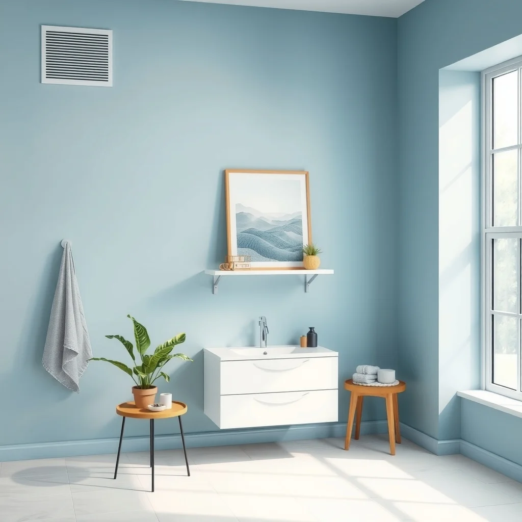 Bright bathroom corner with a sleek wall mounted shelving unit placed beside an exhaust fan vent breezy airflow suggested by subtle motion lines cool blue tones and reflective chrome fixtures