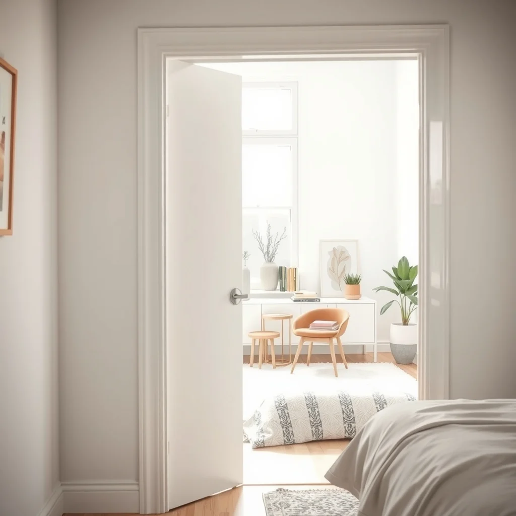Bright bedroom doorway showcasing clear acrylic pocket organizer transparent compartments holding pastel notebooks brushed nickel hardware white walls diffused morning light airy modern aesthetic subtle shadow play