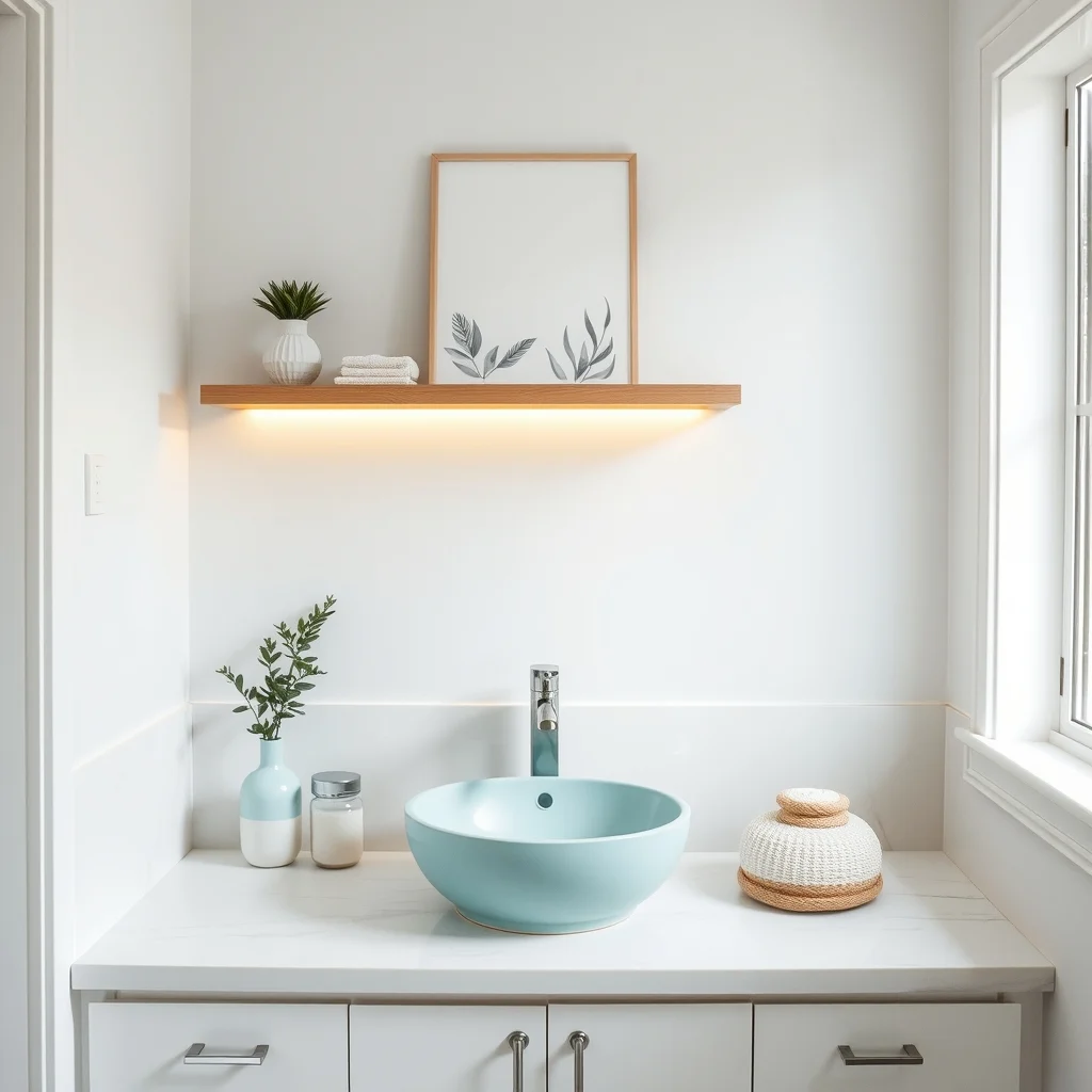 Bright coastal bathroom floating shelf installed at 55 inch eye level white marble countertop below sea foam blue ceramic basin LED accent lighting highlighting neatly arranged teal soap dispenser clean composition