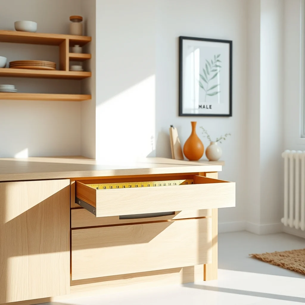 Bright minimal kitchen drawer opened on a light oak base soft tape measure stretched across interior ruler beside empty compartment natural daylight from window subtle shadow clean white walls