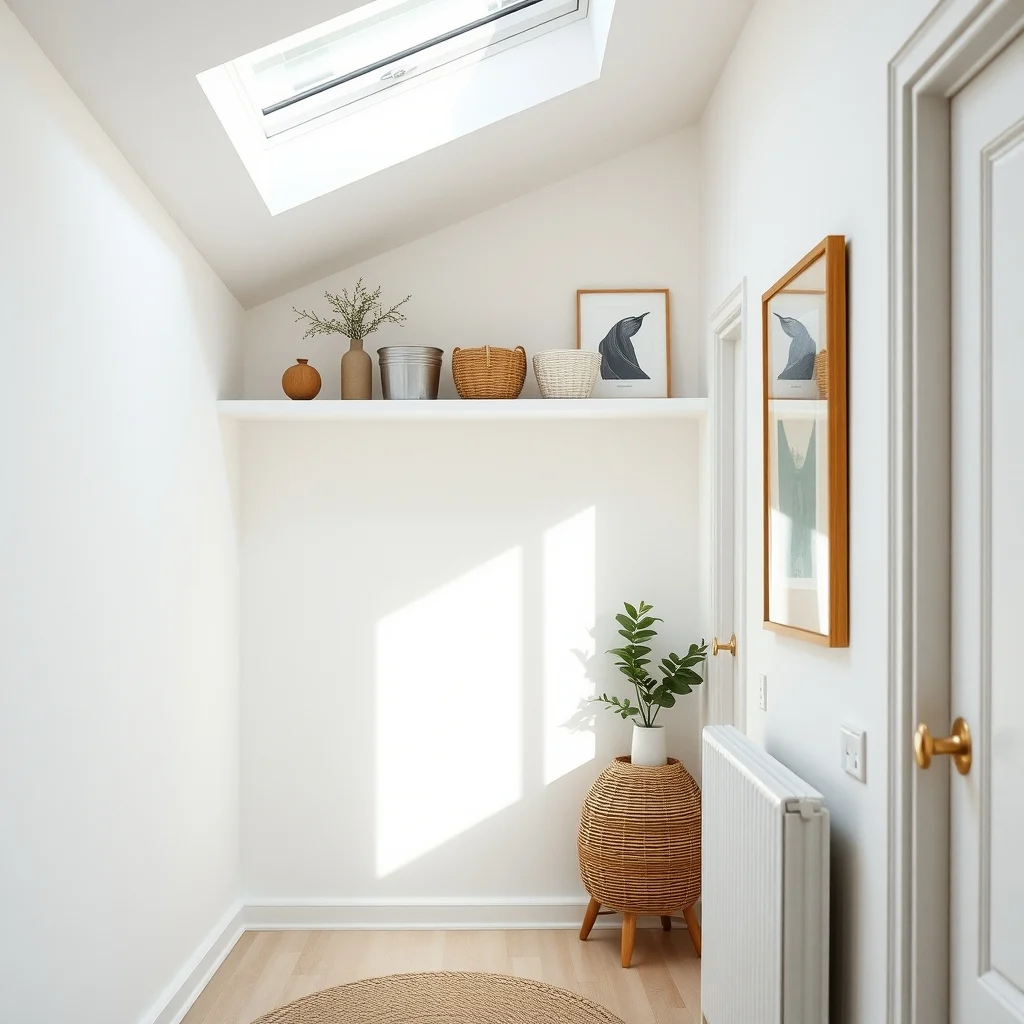 Bright Scandinavian hallway white floating shelf just above eye level shallow wicker baskets and brushed metal bins soft natural light from skylight shot from low angle emphasizing upward line