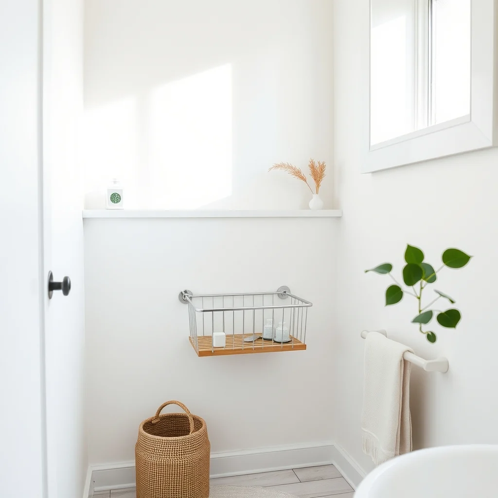 Bright white bathroom corner matte black wall bracket holding a slim chrome wire basket pull out wooden shelf of light oak Soft natural light streams from frosted window highlighting open weave