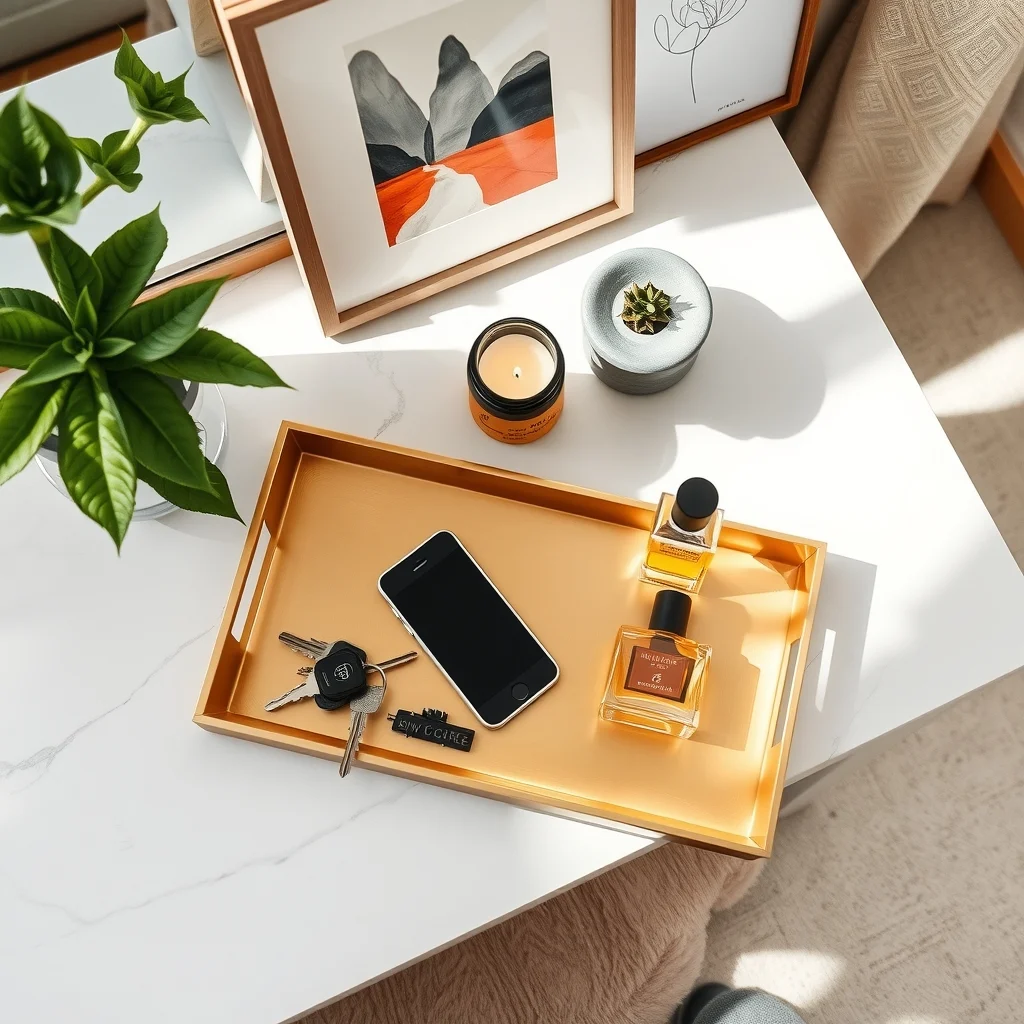 Brushed brass rectangular tray on white marble vanity holding black keys silver phone amber scented candle tiny perfume bottle soft morning sunlight casts gentle reflections top down view