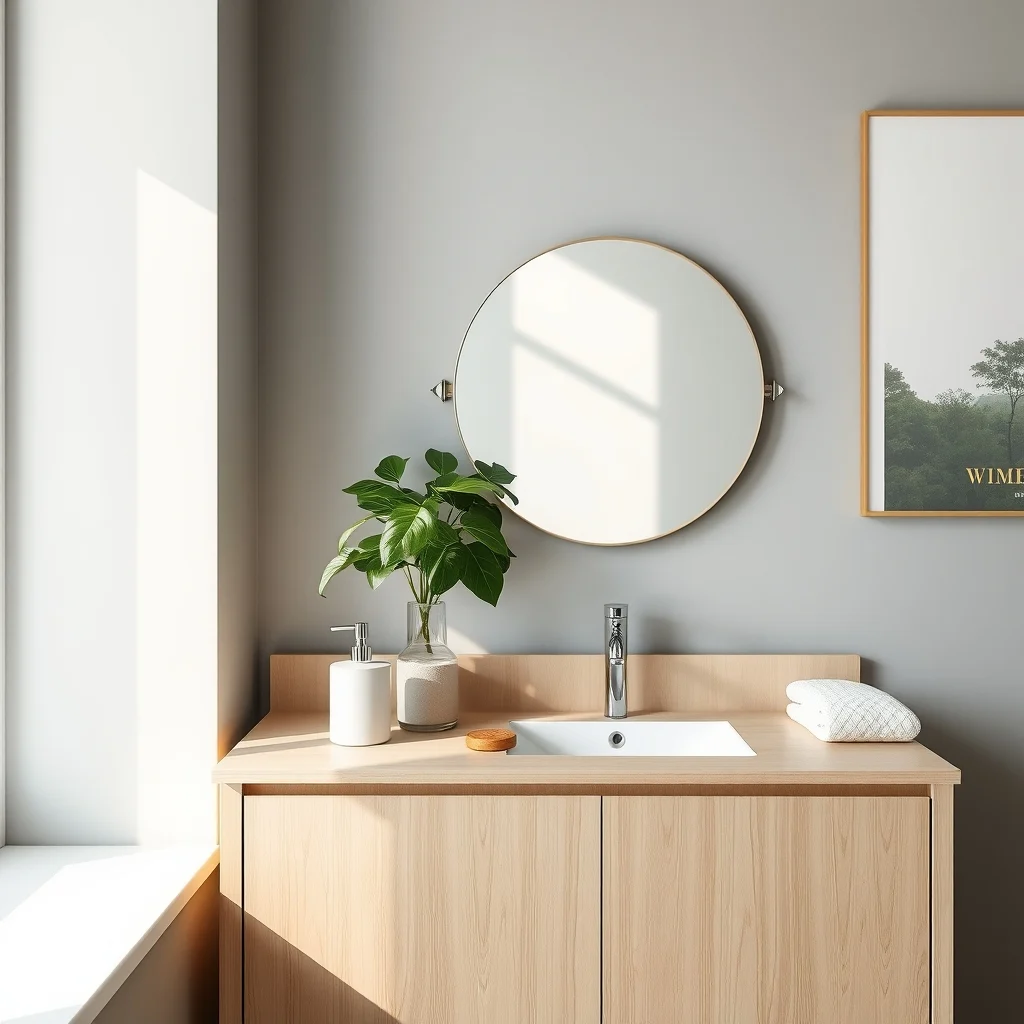 Clean countertop composition single soap dispenser small round mirror and a verdant pothos plant on a light oak vanity diffused daylight muted gray walls subtle abstract gold typography