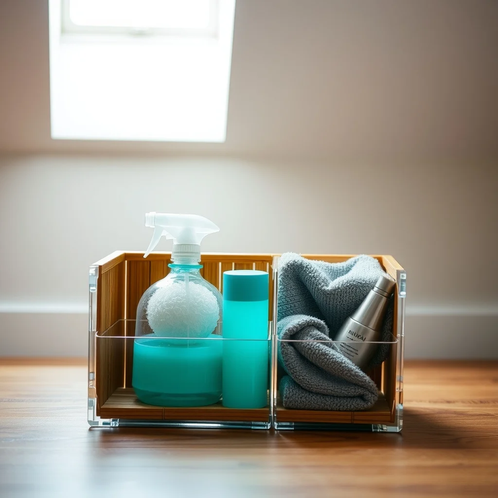 Clear acrylic segmented caddy interior with bamboo slats holding turquoise spray bottle white loofah and gray microfiber cloth soft diffused daylight from skylight casts gentle reflections on compartments