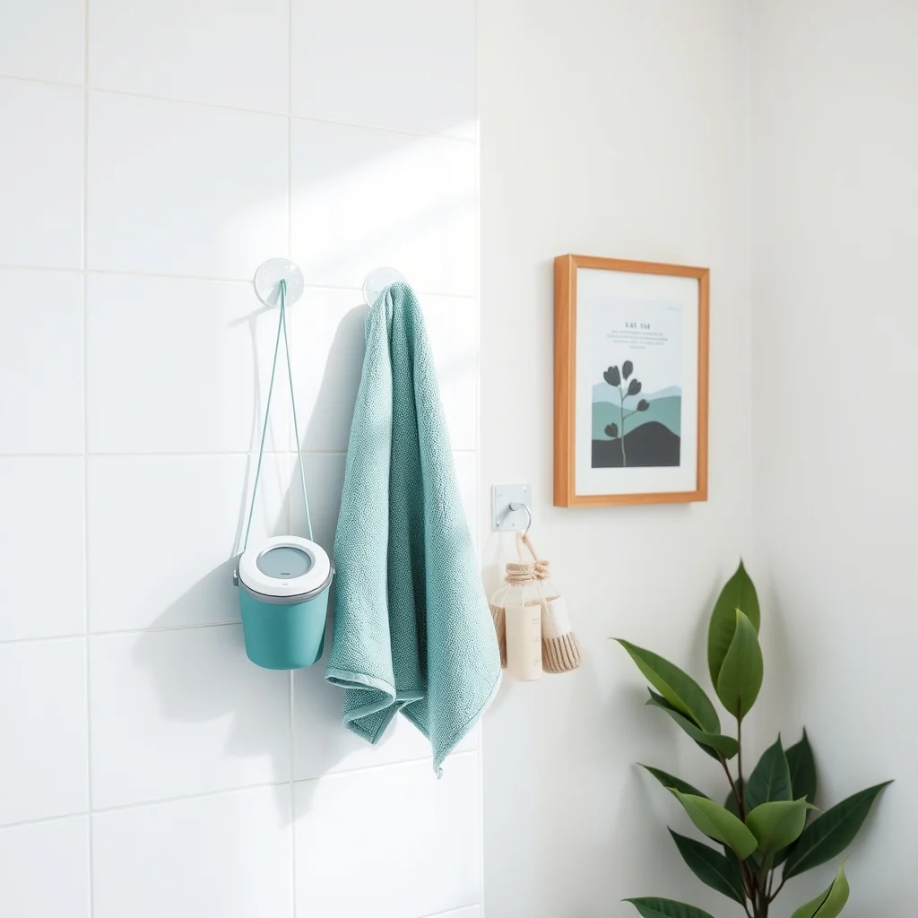 Clear adhesive hooks on smooth white tile each holding a teal towel compact dryer small toiletry bag minimalist spa vibe soft diffused overhead light close up composition