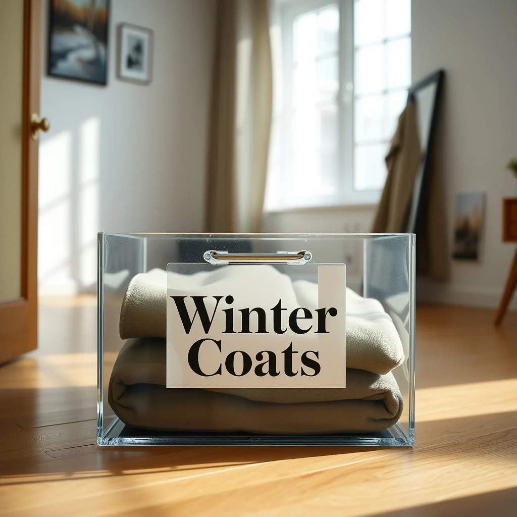 Close up of a clear storage box front label reading Winter Wool Coats in elegant serif type soft white ambient light reflects off the glass emphasizing the layered categorization