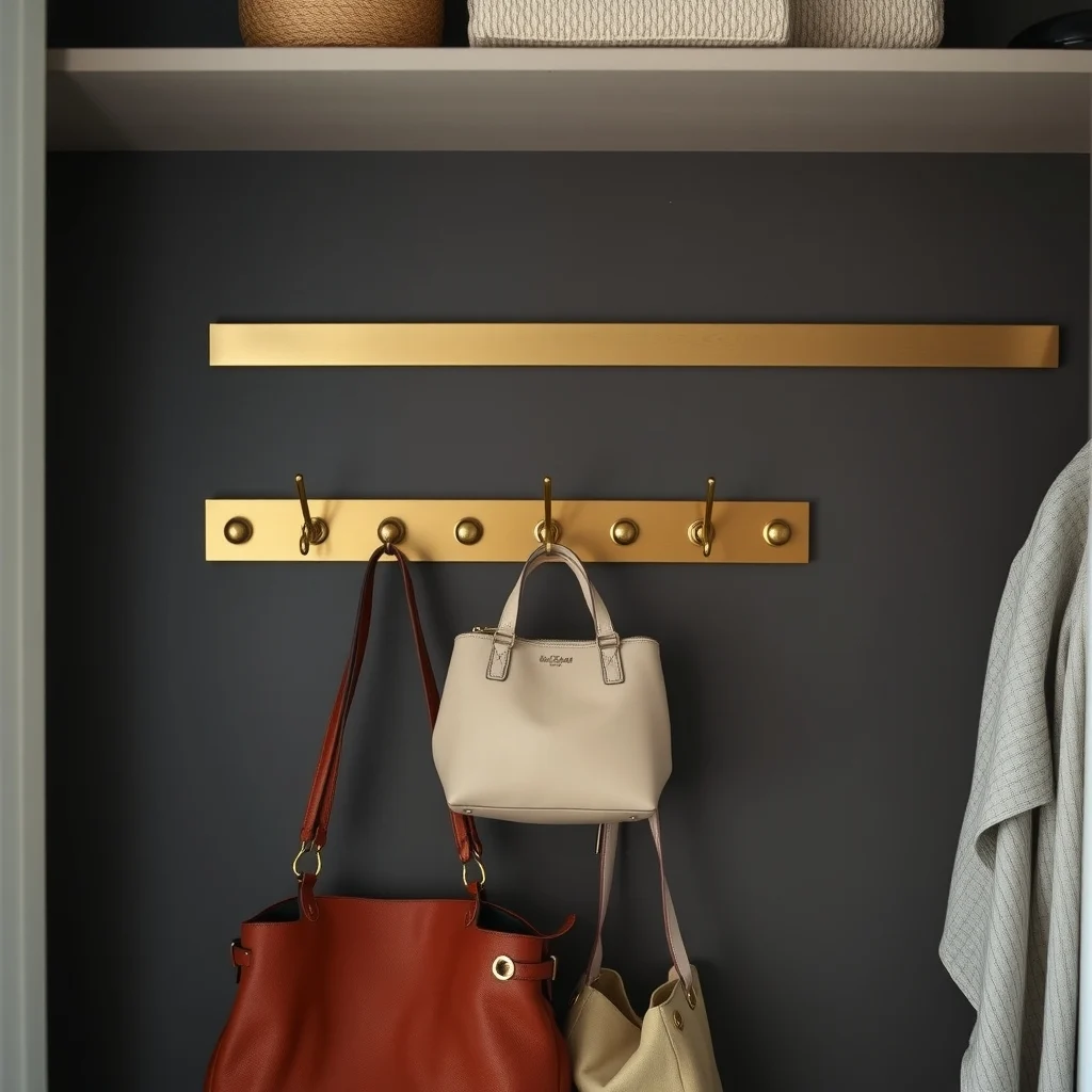 Close up of a closet wall featuring a brushed brass pegboard decorative metal hooks holding varied handbag muted charcoal backdrop subtle ambient lighting modern industrial vibe composition focused on hook arrangement