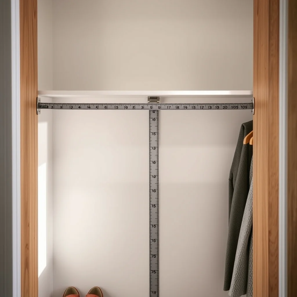Close up of a silver tape measure stretched across a crisp white closet interior wooden side panels brushed nickel brackets soft LED glow highlighting the 72 inch height minimalist Scandinavian vibe