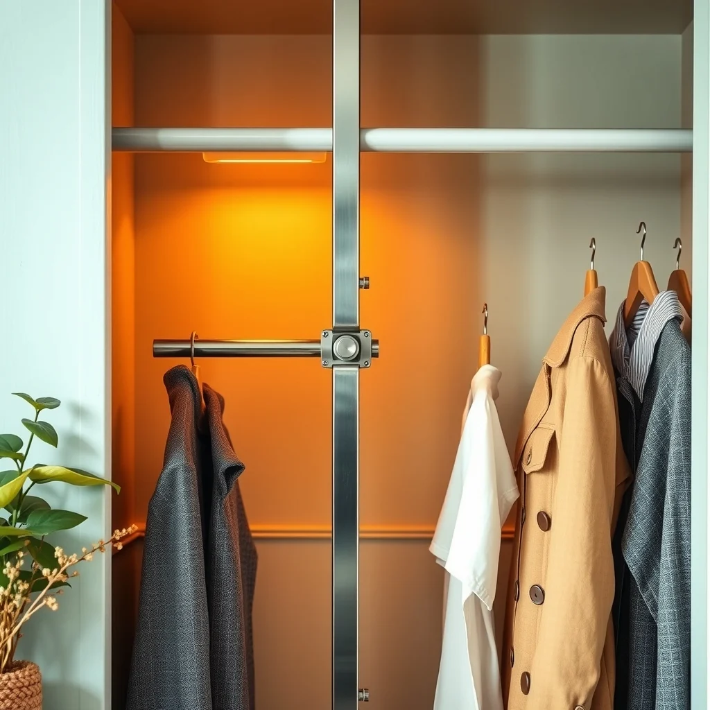 Close-up of a sleek stainless steel adjustable divider sliding between two hanging rods pastel teal and warm amber minimalist backdrop gentle LED strip lighting highlights the mechanism