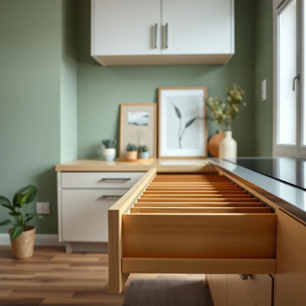 Close-up of a small kitchen drawer fitted with bamboo adjustable dividers sliding into pre drilled slots warm honey finish soft under cabinet LED glow muted sage green walls minimalist aesthetic