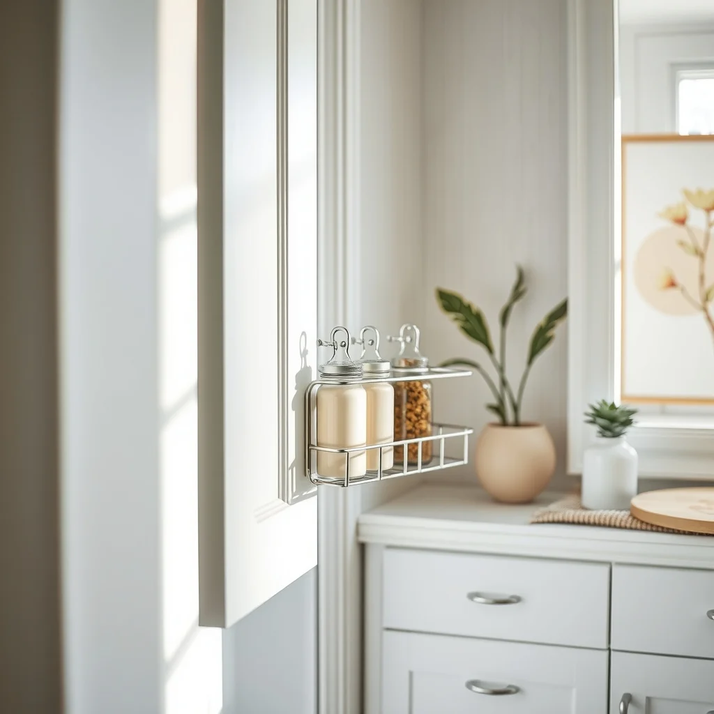 Close up of an opened white cabinet door revealing a slim brushed metal rack with pastel glass spice jars soft natural light from a nearby window minimalist Scandinavian kitchen light wood backdrop subtle abstract botanical print on door