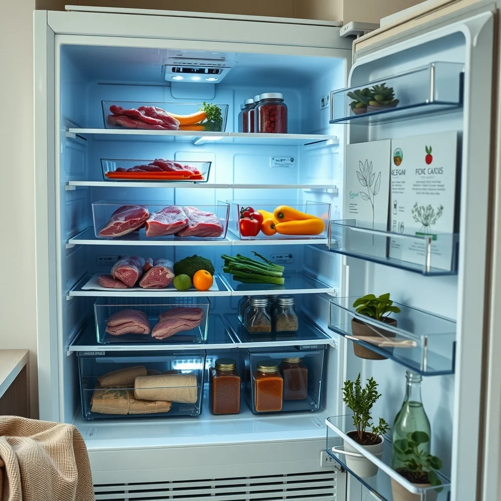 Close up of fridge zones cold lower shelf holding raw meat in sealed glass trays middle tier with colorful veggies in clear bins warm door area displaying spice jars cool LED lighting emphasizes temperature gradients