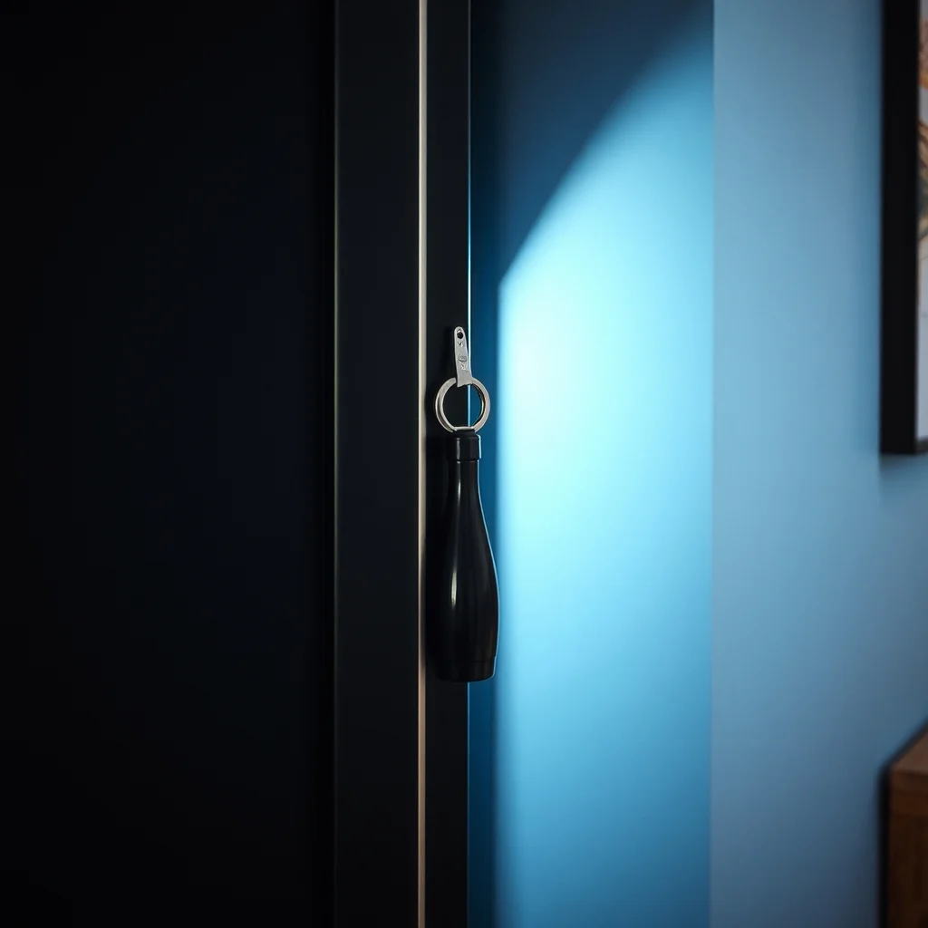 Close up of magnetic strip on fridge interior matte black steel surface tiny metallic spice tins and a sleek bottle opener clinging soft cool LED glow abstract geometric pattern subtly etched on surrounding wall
