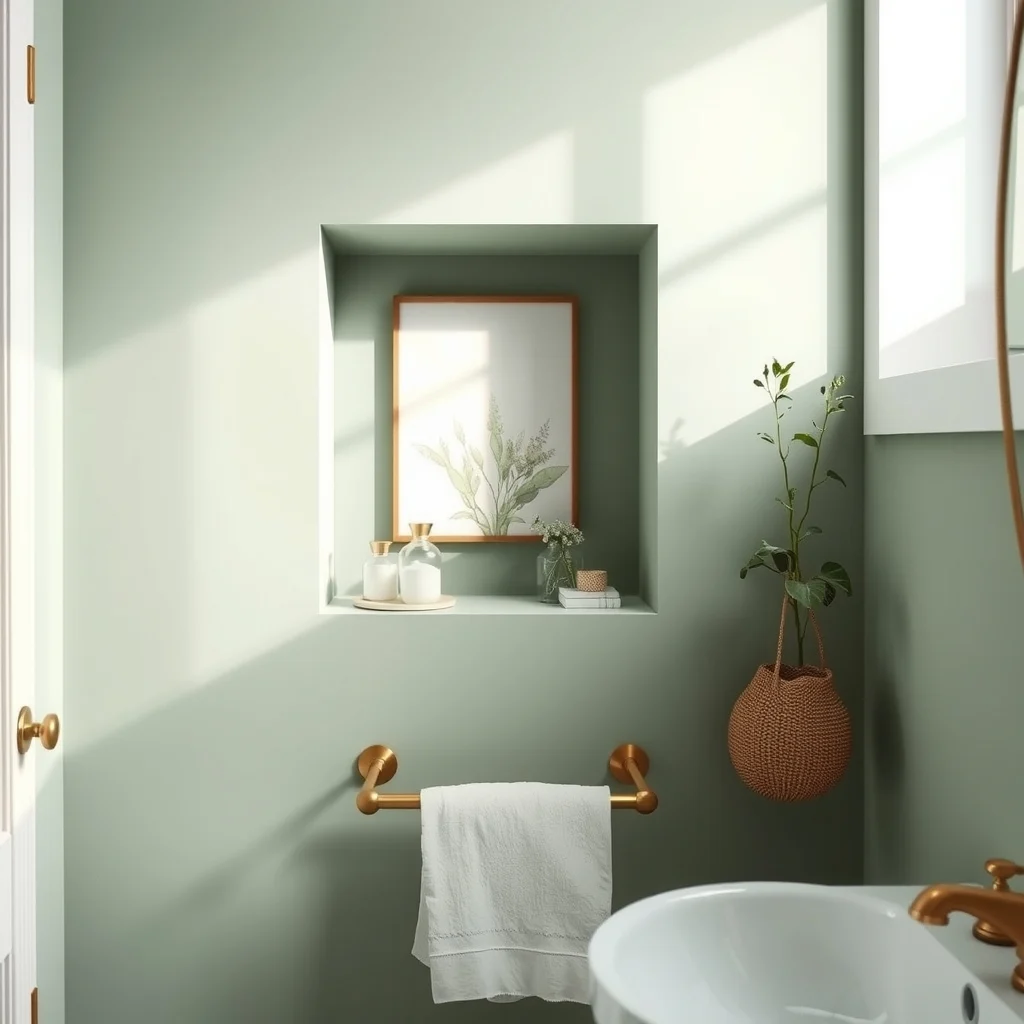 Close up of shallow recessed niche in sage green wall brushed brass towel bar at base white linen towel hanging subtle recessed LED strip modern farmhouse style warm shadows