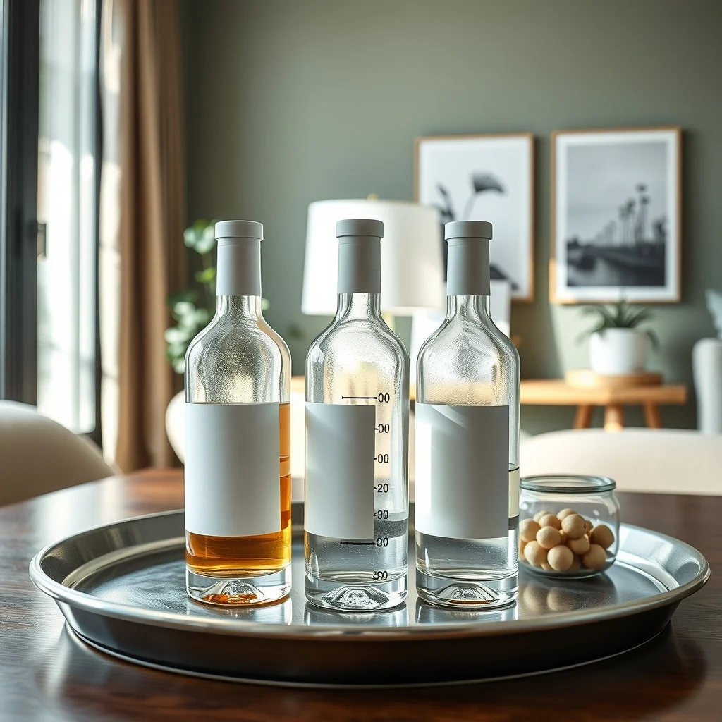 Close up of sleek clear glass bottles with bold white typography labels on a brushed steel tray natural morning light highlights liquid levels while a muted sage backdrop adds calm organization