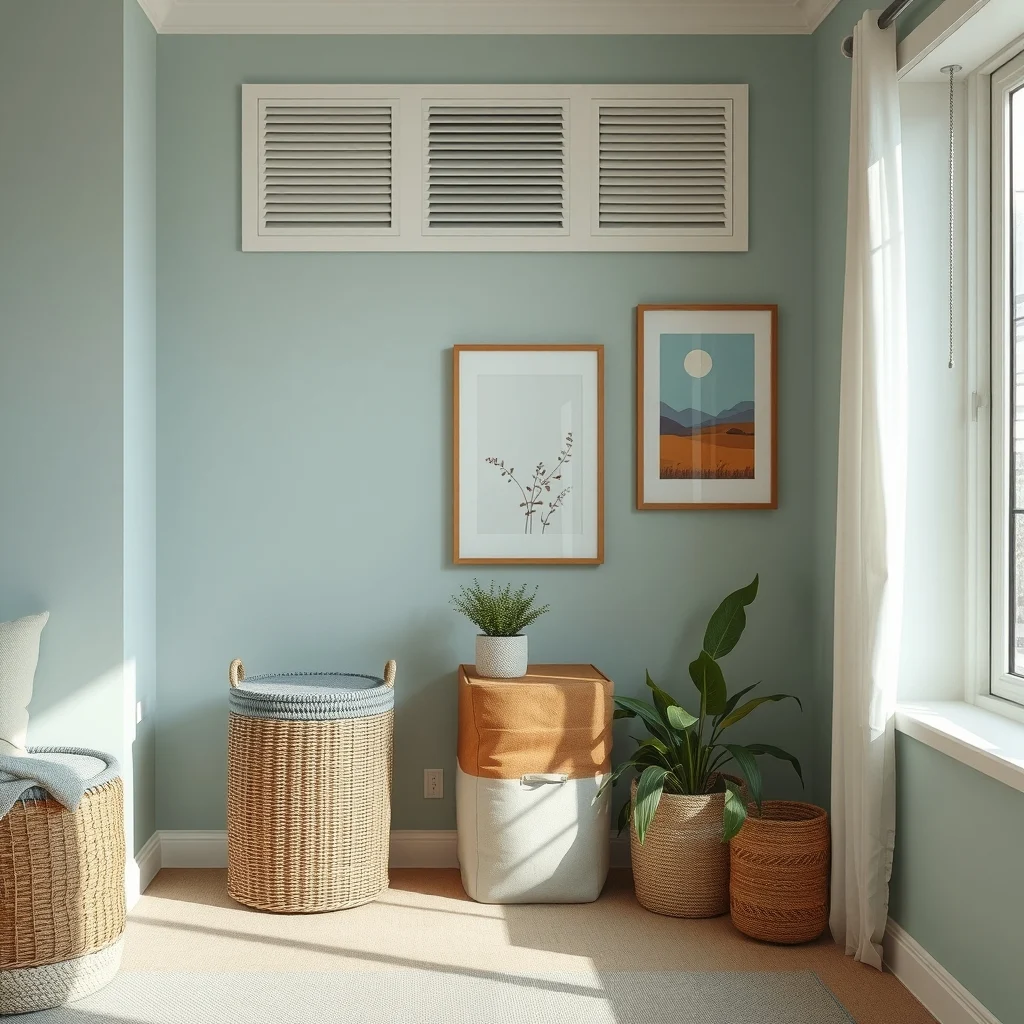Close up of wicker and canvas hamper corner airy ventilation grilles above light teal wall and