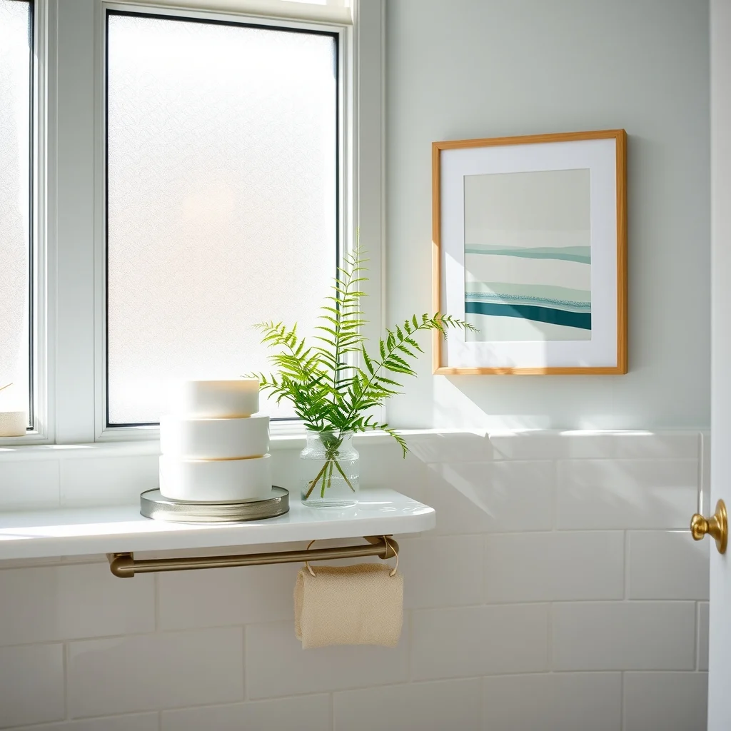 Coastal-inspired bathroom vanity showcases frosted ivory acrylic containers stacked neatly on a brushed nickel shelf light pastel tiles natural light from frosted window and a single green fern adds calm