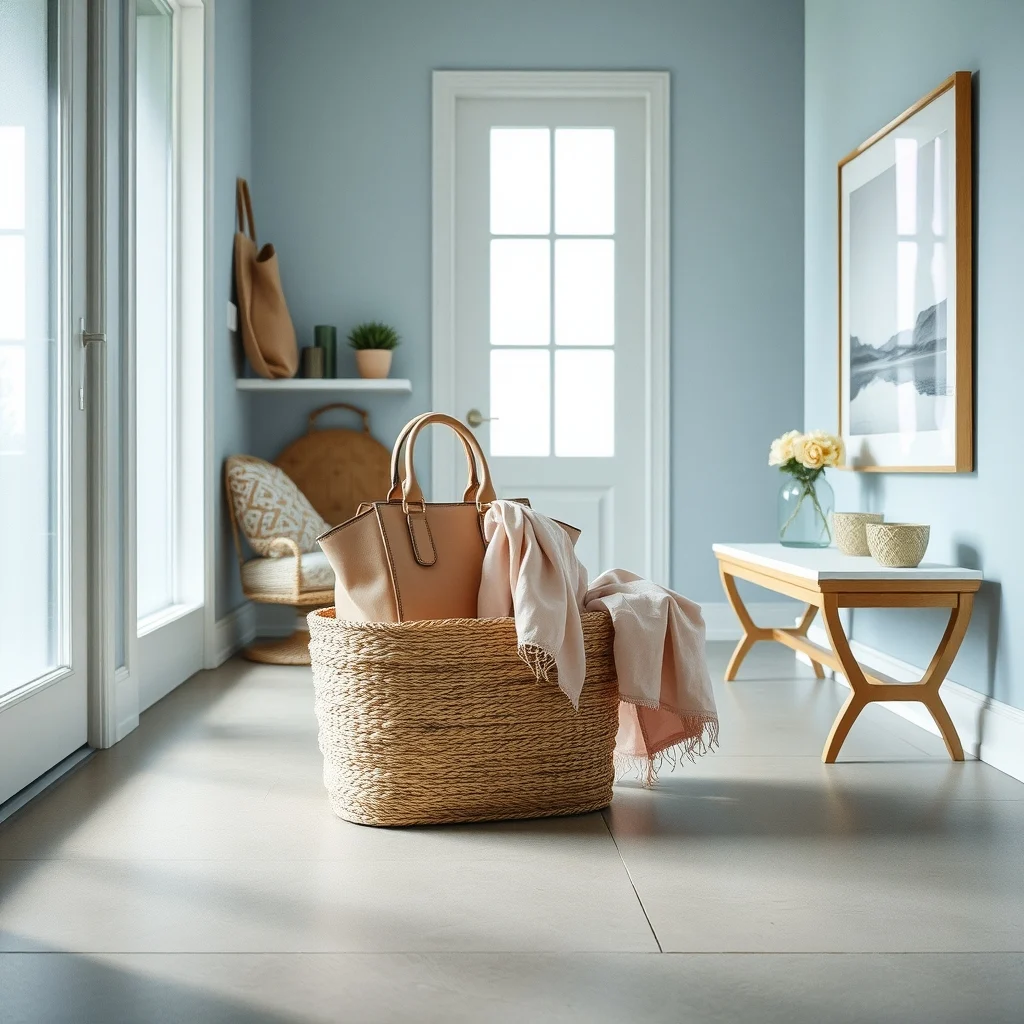 Coastal-inspired entryway large seagrass bin on polished concrete holding pastel handbags and silk scarves soft daylight from frosted glass light blue walls vignette focusing on texture
