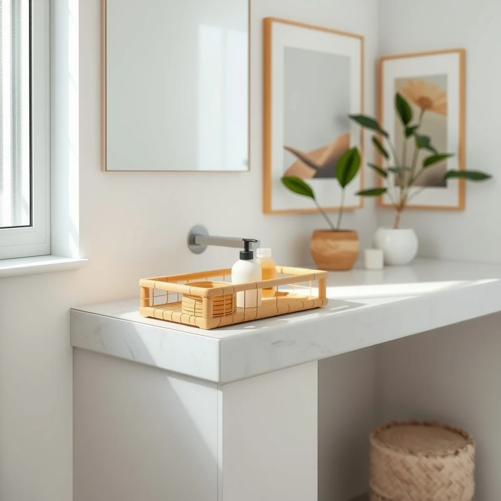 Compact bamboo caddy measured against a narrow white vanity countertop placed flush with edge bright LED vanity lighting highlights precise dimensions clean lines and the surrounding marble backdrop