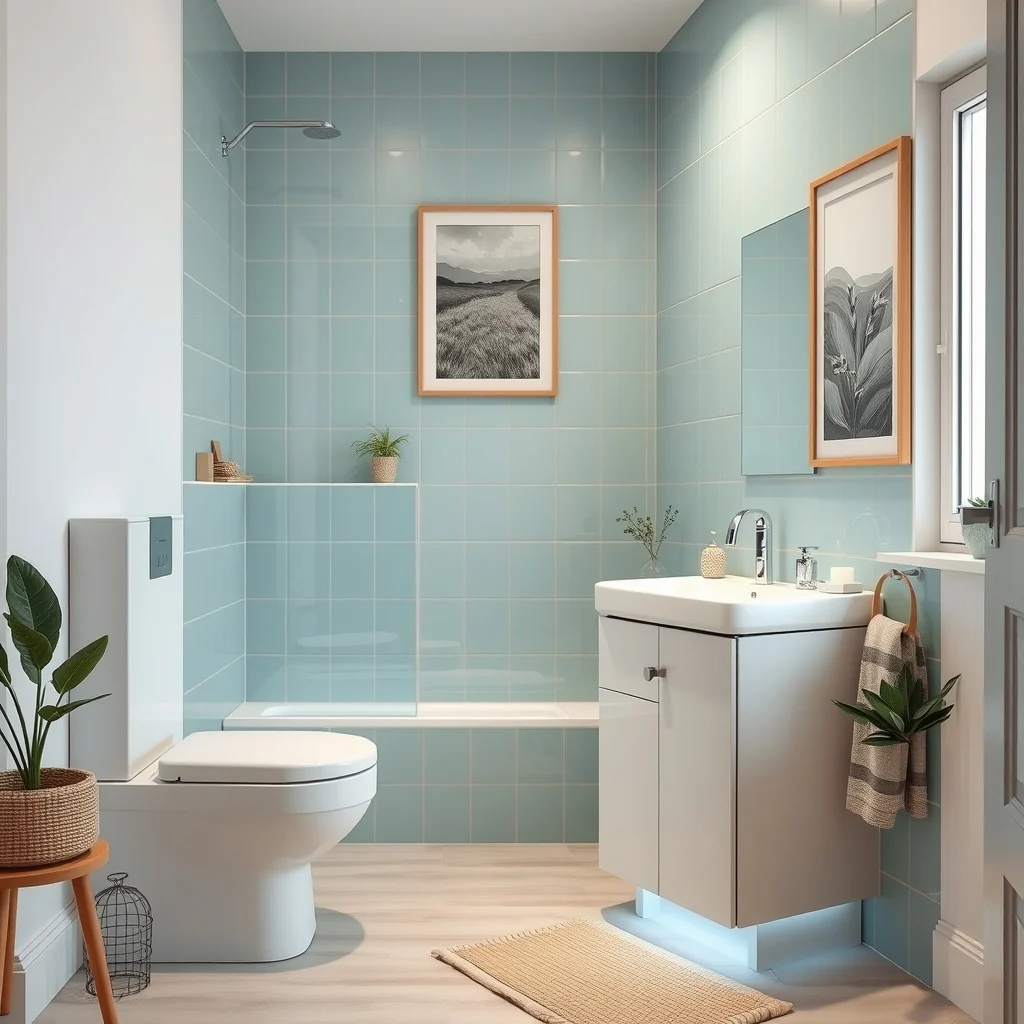 Compact corner bathroom with glossy sea foam tiles high density translucent plastic hamper fits snugly split by a white silicone divider Ambient LED strip under vanity adds cool glow