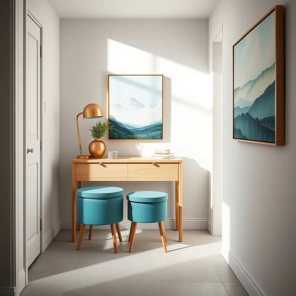 Compact hallway vignette slim oak console against light concrete three nesting stools in muted teal sliding beneath brushed gold table lamp natural daylight streaming abstract landscape canvas on adjacent wall