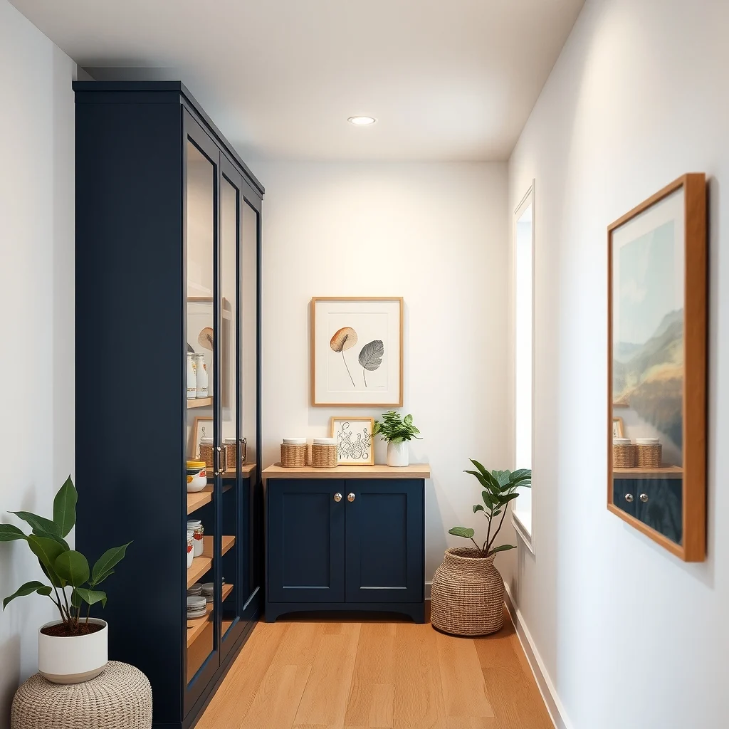 Compact narrow pantry cabinet reaching ceiling painted deep navy with glass door upper shelves chrome handles soft recessed lighting narrow hallway view showing adjustable wooden shelves stacked with pantry goods