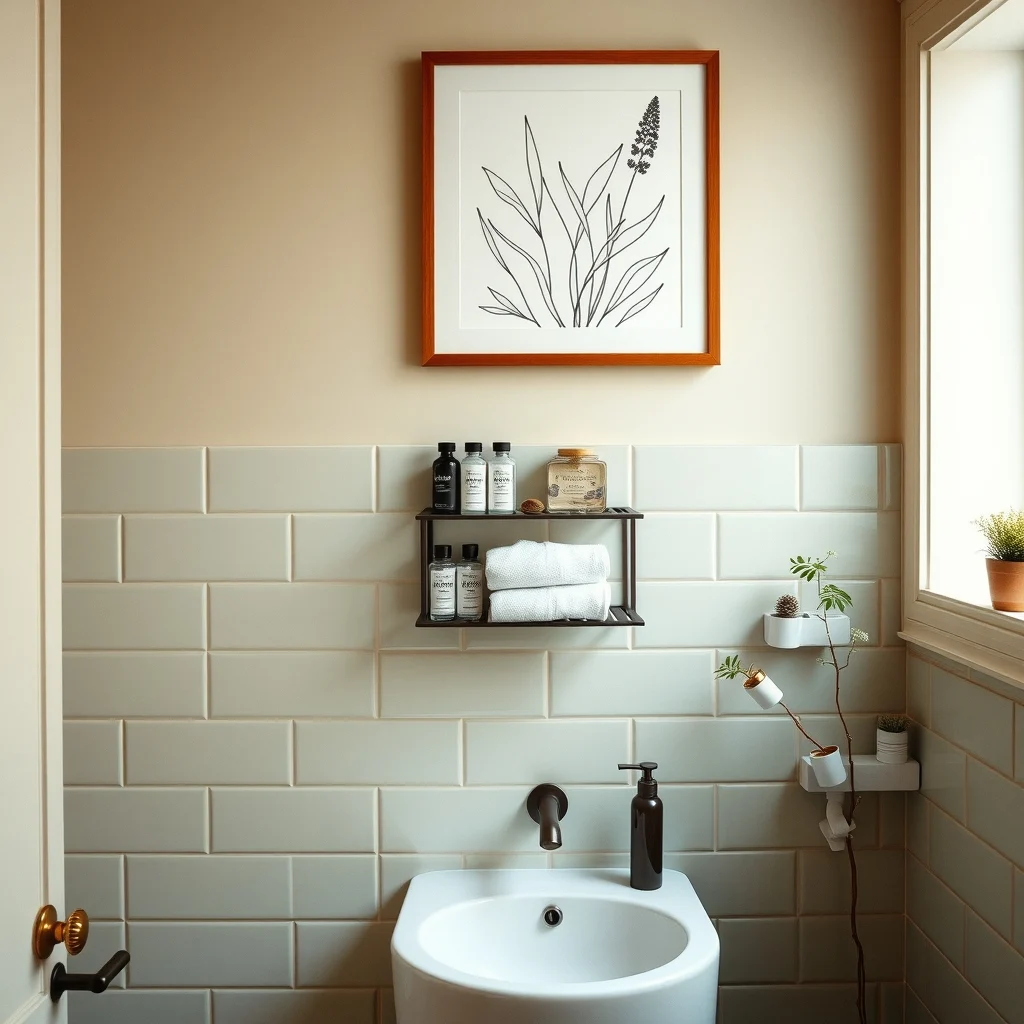 Contemporary bathroom corner oil rubbed bronze slim wall mounted rack above sink displaying travel size shampoo bottles and folded towel warm amber lighting pale sage tiles botanical line drawing above