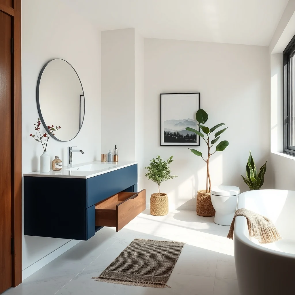 Contemporary bathroom deep navy side panel of floating vanity hides a two inch deep walnut sliding drawer